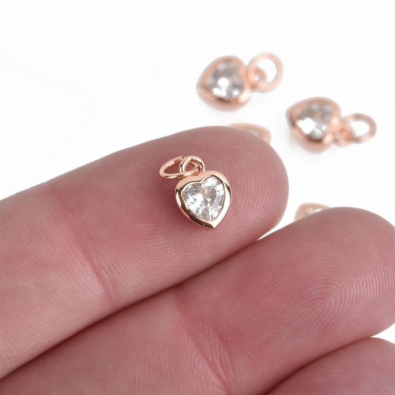 2 ROSE GOLD Heart Charms CZ Cubic Zirconia in Brass 6mm chs4281