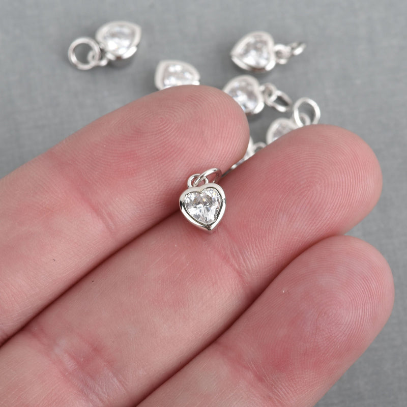 2 SILVER Heart Charms CZ Cubic Zirconia in Brass 6mm chs4282