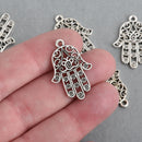 10 Silver Hamsa HAND Filigree Charms 29x20mm chs4284