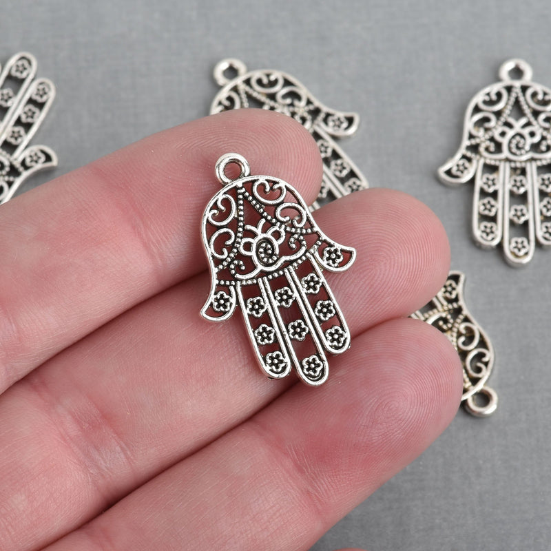 10 Silver Hamsa HAND Filigree Charms 29x20mm chs4284