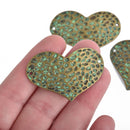 4 Bronze HEART Connector Links GREEN verdigris patina 47x32mm chs4287