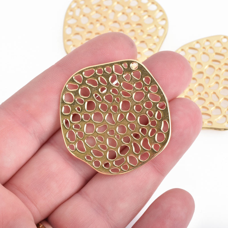 5 Gold Filigree Round Charms Flat Gold Plated Perforated Metal 1.5" chs4288