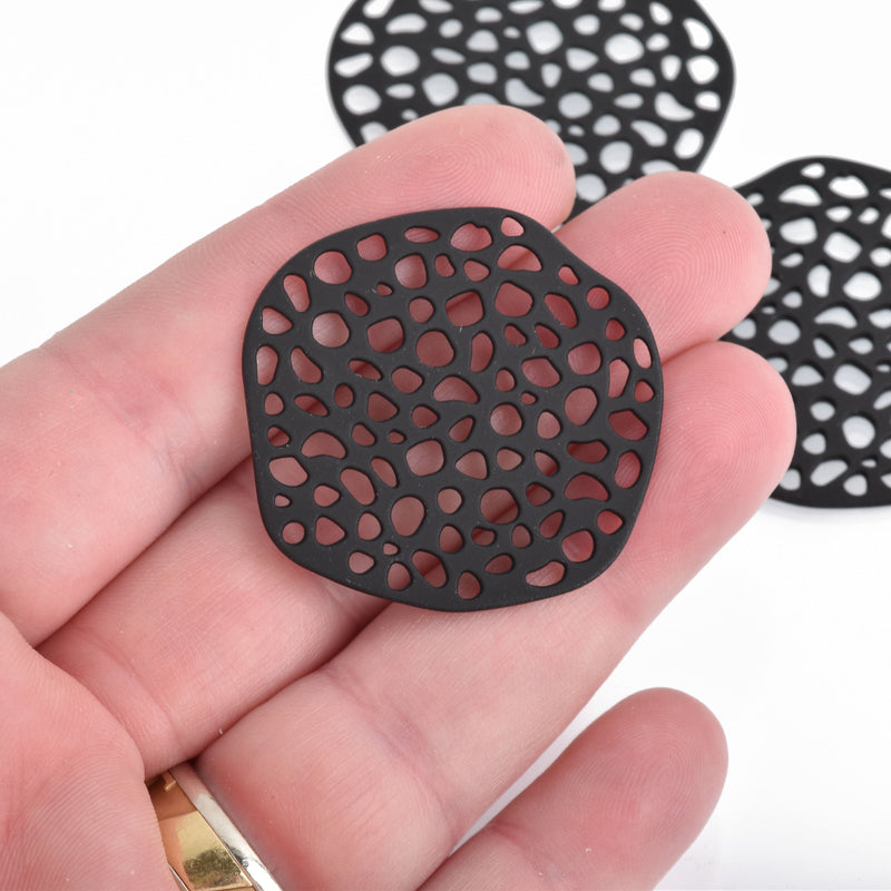 5 Black Filigree Round Charms Flat Perforated Metal 1.5" chs4289