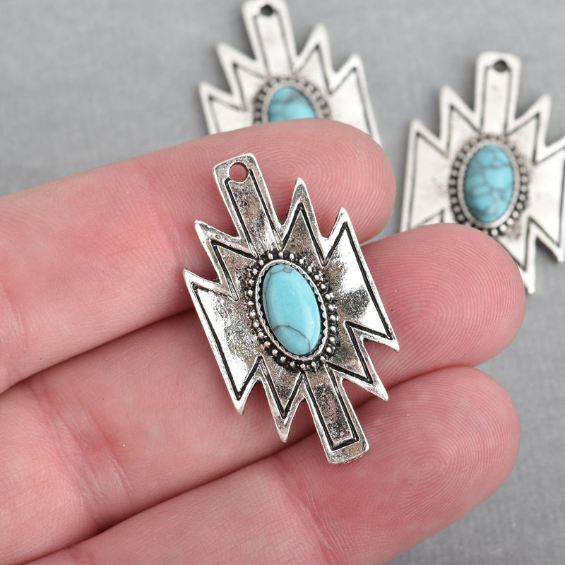 2 Silver Southwest Charms turquoise blue oval cabochon 34x19mm chs4290