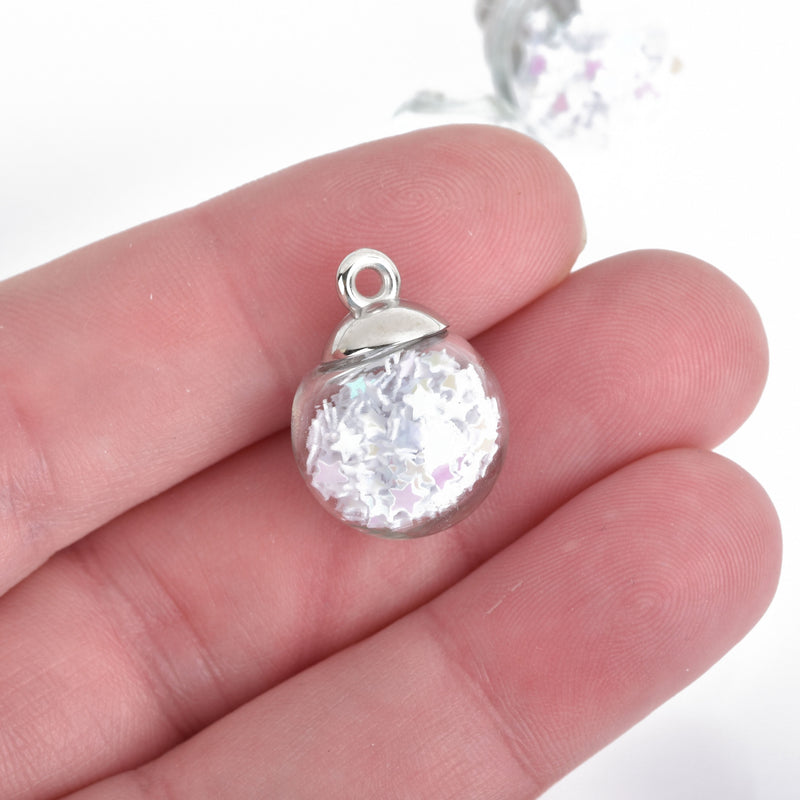 5 Glass Ball Charms round globe glass vial with sparkly WHITE confetti stars 21x16mm chs4305