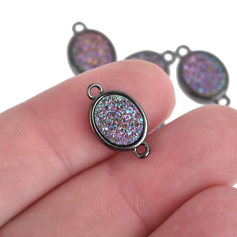 2 RAINBOW TITANIUM Druzy Quartz Gemstone Charms Gunmetal black oval connector link 17x10mm chs4326