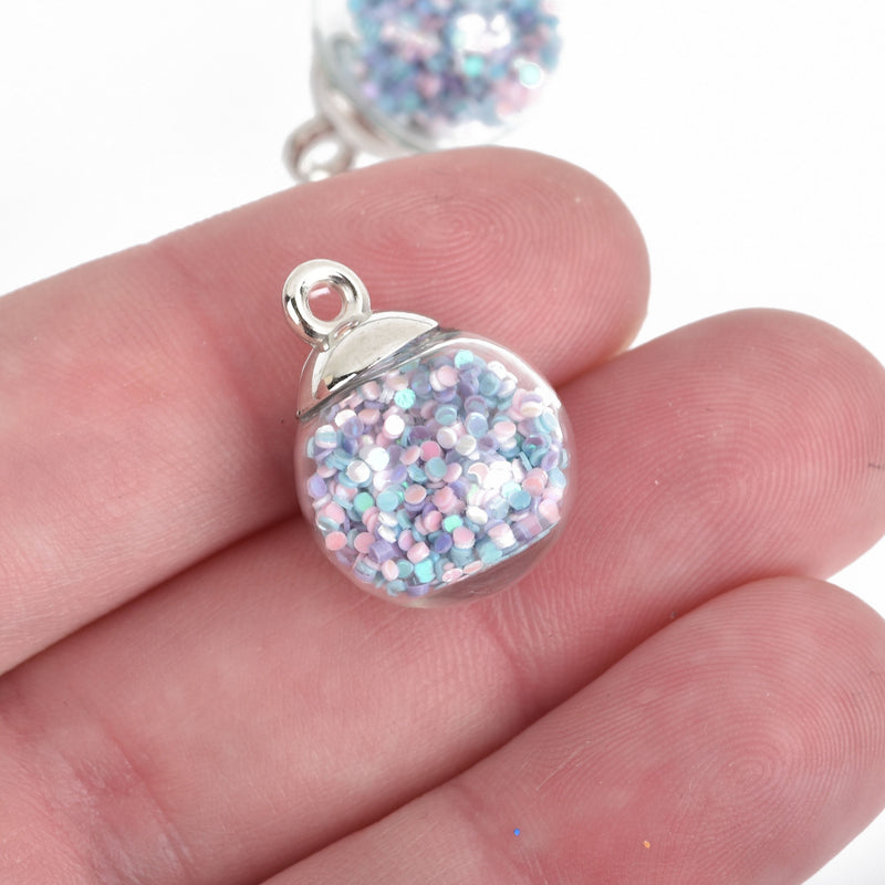 5 Glass Ball Charms round globe glass vial with PASTEL round GLITTER 21x16mm chs4327