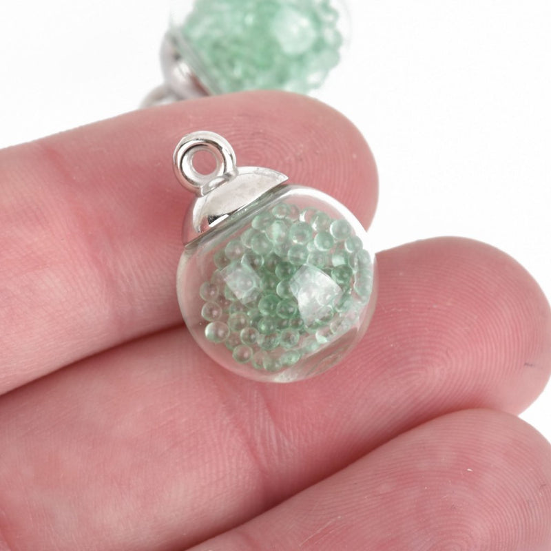 5 Glass Ball Charms round globe glass vial with PALE GREEN micro beads 21x16mm chs4328