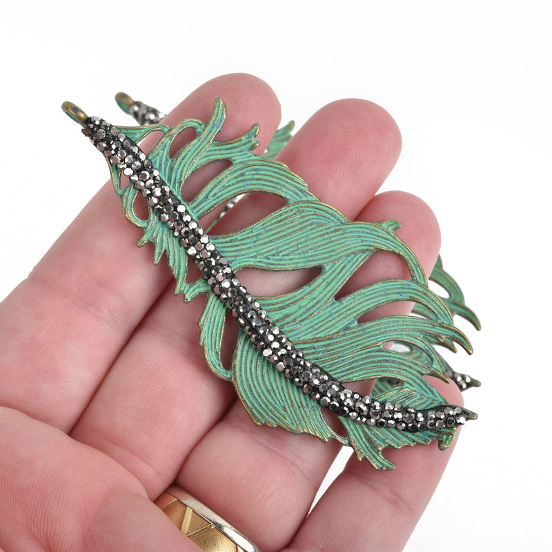 Green Verdigris Patina FEATHER Pendant Charm Filigree with MICRO PAVE 3-1/4" long chs4329