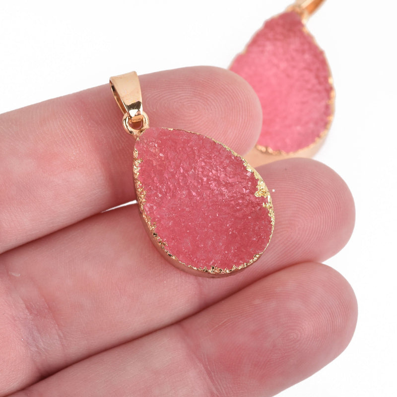 2 Pink Faux Druzy Pendants Gold Bezel 37x23mm chs4330