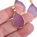 2 Purple Faux Druzy Pendants Resin with Gold Bezel 37x23mm chs4331