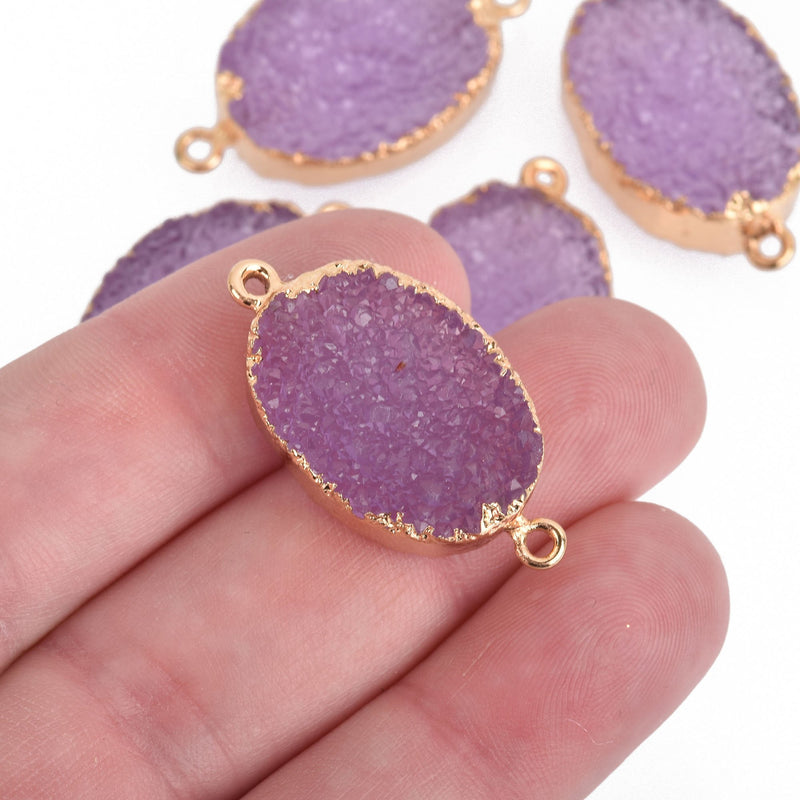 2 Purple Faux Druzy Connector Charms Oval Resin with Gold Plated Bezel 33x17mm chs4334