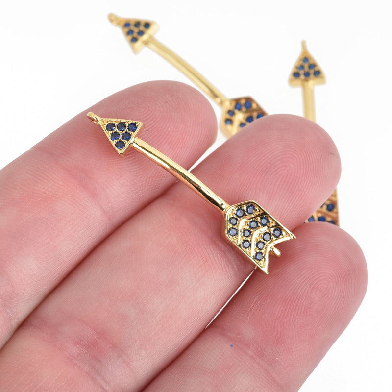 Gold and Blue ARROW Connector Charm Micro Pave CZ Cubic Zirconia  35mm chs4339