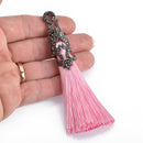 LIGHT PINK Tassel Pendant with GunMetal Filigree Jeweled Topper 4" long chs4340