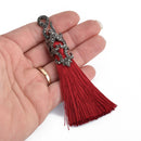 MAROON RED Tassel Pendant with GunMetal Filigree Jeweled Topper 4" long chs4341