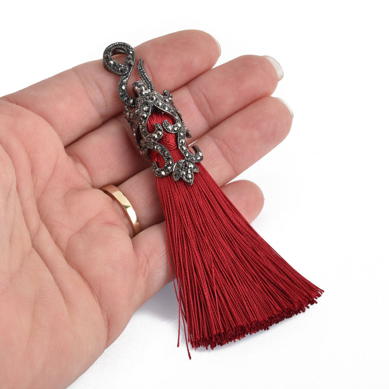 MAROON RED Tassel Pendant with GunMetal Filigree Jeweled Topper 4" long chs4341