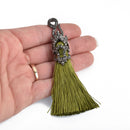 OLIVE GREEN Tassel Pendant with GunMetal Filigree Jeweled Topper 4" long chs4343