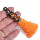 ORANGE Tassel Pendant with GunMetal Filigree Jeweled Topper 4" long chs4344