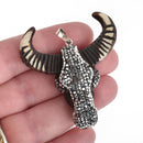 Black BULL LONGHORN SKULL Pendant, Pave' Rhinestones, Resin Molded with silver bail, 2" wide, chs4357
