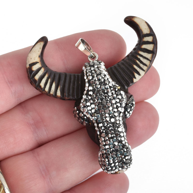 Black BULL LONGHORN SKULL Pendant, Pave' Rhinestones, Resin Molded with silver bail, 2" wide, chs4357