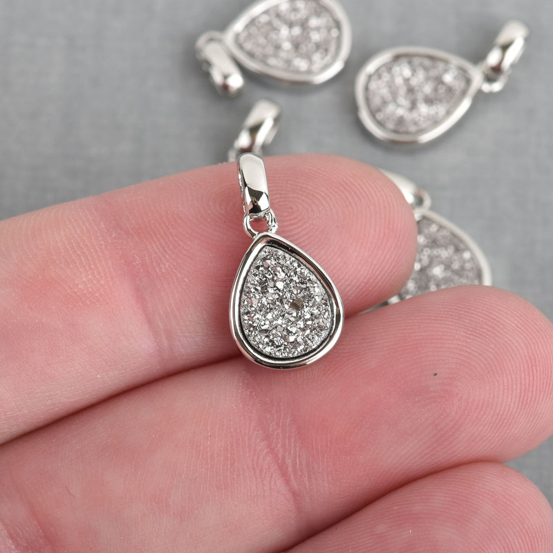 2 SILVER Druzy Quartz Charms TEARDROP Silver Brass 18x10mm chs4359