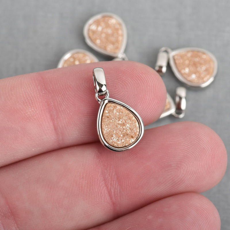 2 CHAMPAGNE Druzy Quartz Charms TEARDROP Silver Brass 18x10mm chs4360