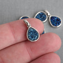 2 BLUE TITANIUM Druzy Quartz Charms TEARDROP Silver Brass 18x10mm chs4363