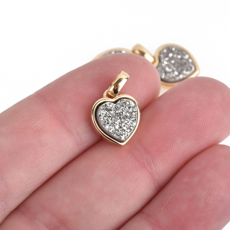 2 SILVER Druzy Quartz Charms HEART Gold Brass 17x11mm chs4364