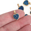 2 BLUE TITANIUM Druzy Quartz Charms HEART Gold Brass 17x11mm chs4365