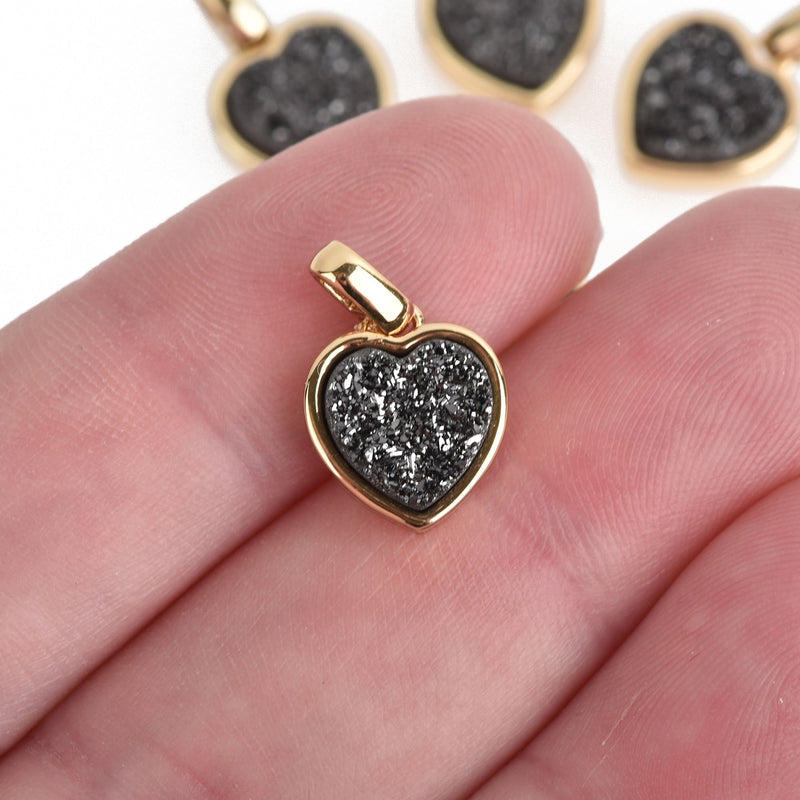 2 BLACK Druzy Quartz Charms HEART Gold Brass 17x11mm chs4367