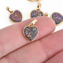 2 PURPLE RAINBOW Druzy Quartz Charms HEART Gold Brass 17x11mm chs4369