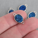 2 BLUE TITANIUM Druzy Quartz Gemstone Charms SILVER oval connector link 17x10mm chs4373