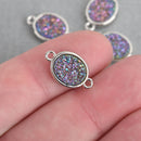 2 PURPLE IRIS Druzy Quartz Gemstone Charms SILVER oval connector link 17x10mm chs4375