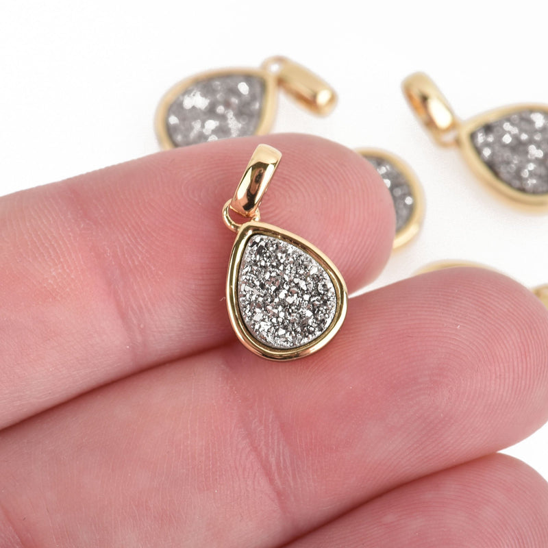 2 SILVER Druzy Quartz Charms TEARDROP GOLD Brass 18x10mm chs4376