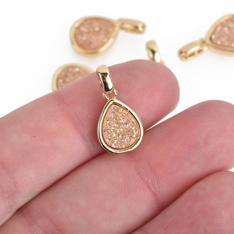 2 CHAMPAGNE Druzy Quartz Charms TEARDROP Gold Brass 18x10mm chs4378