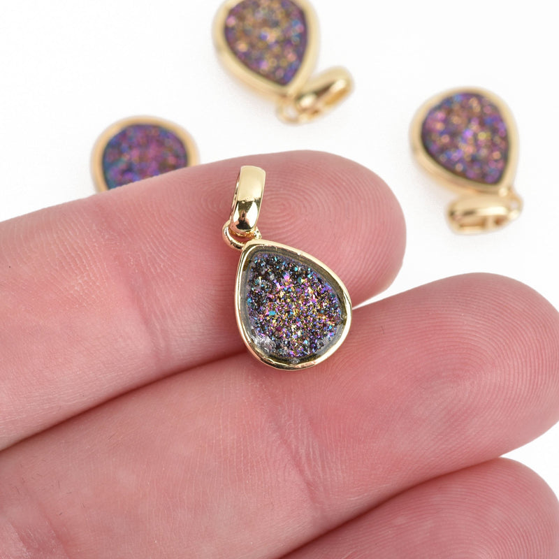 2 PURPLE IRIS Druzy Quartz Charms TEARDROP Gold Brass 18x10mm chs4379