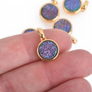 2 PURPLE IRIS Druzy Quartz Charms ROUND Gold Brass 18x12mm chs4384