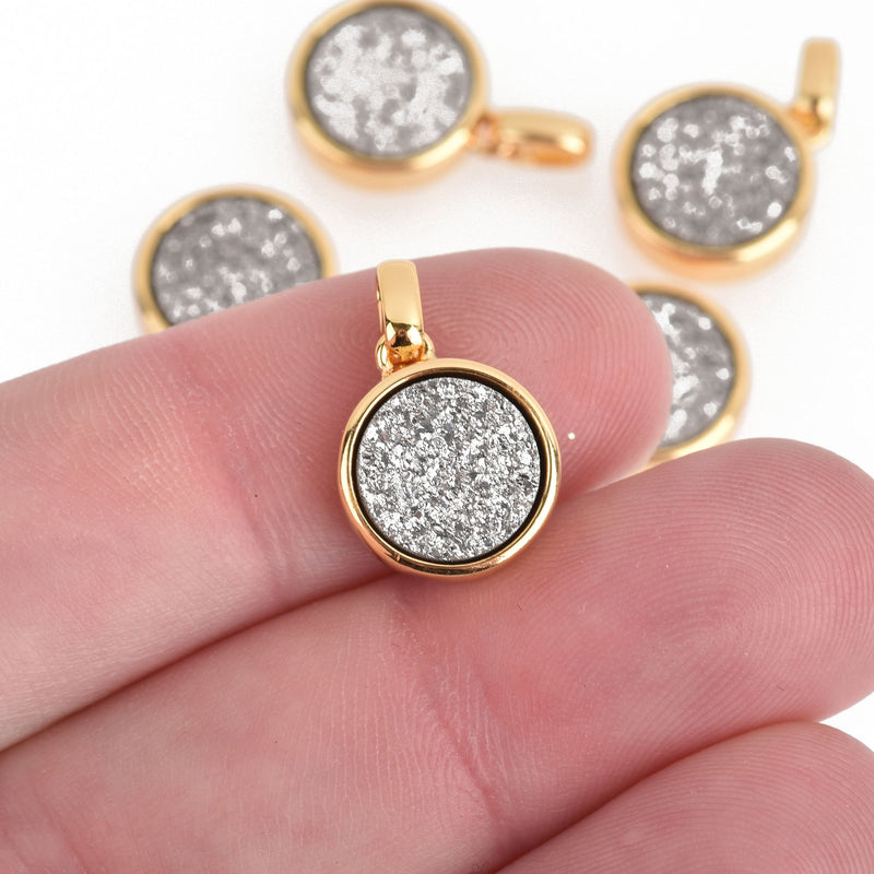 2 SILVER Druzy Quartz Charms ROUND Gold Brass 18x12mm chs4385