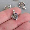 2 PURPLE IRIS Titanium Druzy Quartz Charms HEART Silver Brass 17x11mm chs4390