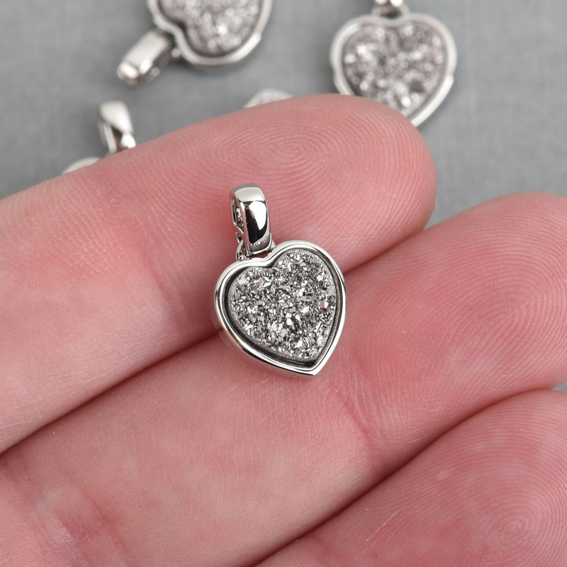 2 SILVER Titanium Druzy Quartz Charms HEART Silver Brass 17x11mm chs4391