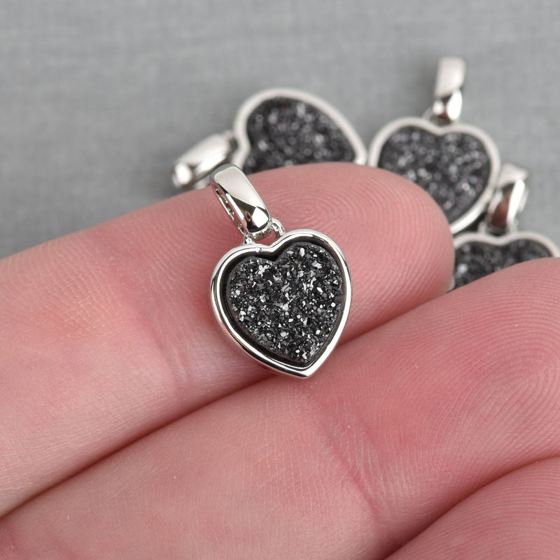 2 BLACK Titanium Druzy Quartz Charms HEART Silver Brass 17x11mm chs4393