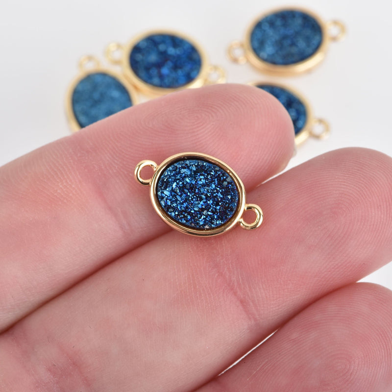 2 BLUE IRIS Titanium Druzy Quartz Gemstone Charms gold oval connector link 17x10mm chs4396