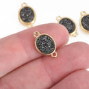 2 BLACK Druzy Quartz Gemstone Charms gold oval connector link 17x10mm chs4398