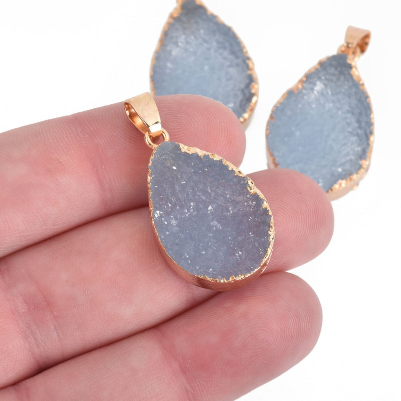 2 BLUE Faux Druzy Pendants Resin with Gold Bezel 37x23mm chs4400