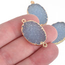 2 BLUE Faux Druzy Connector Charms Oval Resin with Gold Plated Bezel 33x17mm chs4401