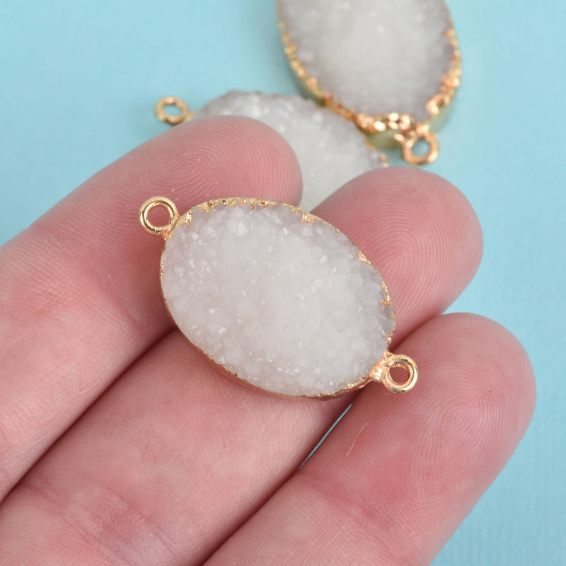 2 WHITE Faux Druzy Connector Charms Oval Resin with Gold Plated Bezel 33x17mm chs4402