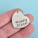 2 MIDDLE SISTER Heart Charms Stainless Steel 1" chs4405