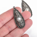 Teardrop BLACK Pearl Charm pave crystals on hammered gold base, 41x16mm, chs4413