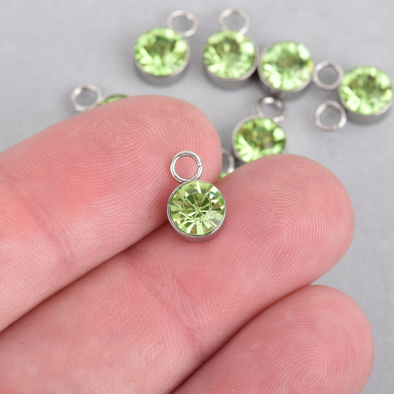 10 PERIDOT GREEN Drop Charms, 6mm Stainless Steel and Rhinestone Crystal Dot chs4415