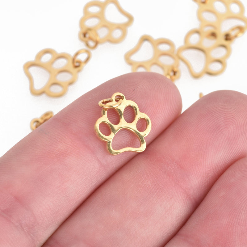 2 Gold PAW PRINT Cut Out Charms Stainless Steel Dog Cat 13mm, chs4417
